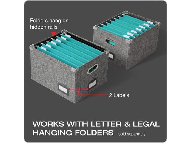 Pendaflex Collapsible File Box with Lid, Includes File Frame for Letter and Legal Hanging File Folders, Metal Handles, Labels, Heather Gray (41790)