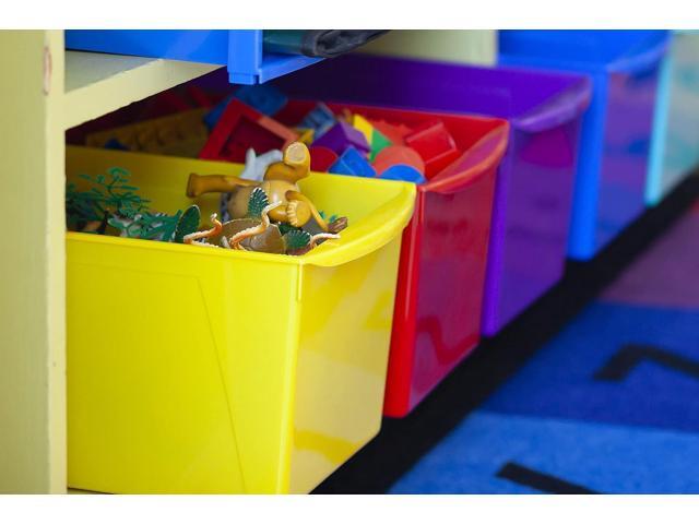 Storex Extra-Large Book Bin, Interlocking Plastic Organizer for Home, Office and Classroom, Blue, (71135U06C) (Pack of 6)