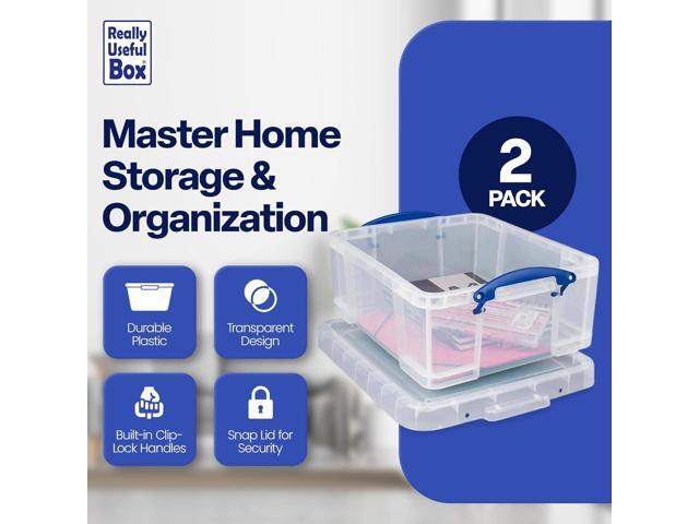 Really Useful Box 2 Pack 17L Plastic Storage Bins with Snap Lids and Clip Lock, Clear