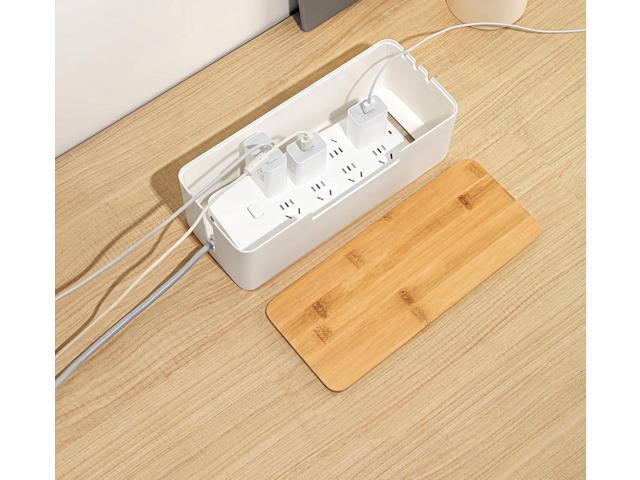 ABS Cord Organizer Box with Wooden Lid, Cable Management Box for Power Strips or Surge Protectors, Desk Cable Tidy Box for Office Home(White)