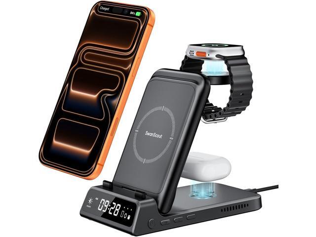 Charging Station for iPhone 17/Air, SwanScout 703A, Wireless Charger for iPhone 16/15/14/13/12/11 Series, for Apple Watch 11/10/Ultra...