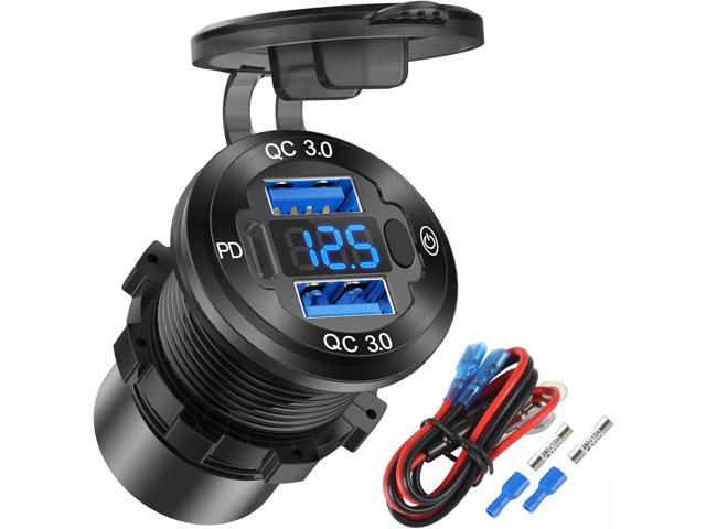 12V USB Outlet Wire Aluminum Car Charger Multi Port, Dual USB Quick Charge 3.0 Port and PD USB C Socket with Voltmeter Switch for Car Boat Marine...