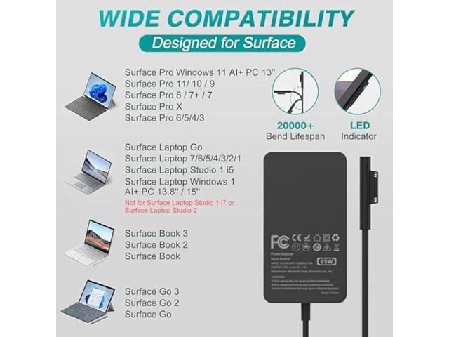 65W Charger Compatible with Microsoft Surface Pro 11, 10, 9, 8, 7+, 7, 6, 5, 4, 3, X, Power Adapter for Windows Surface Laptop 7/6/5/4/3/2/1, Go...