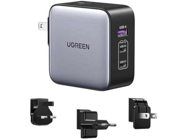 UGREEN 65W USB C Travel Adapter, Foladable Fast GaN Charger with US/UK/EU 3 Plugs, 3-Port International Power Adapter for MacBook Air/Pro, Dell...