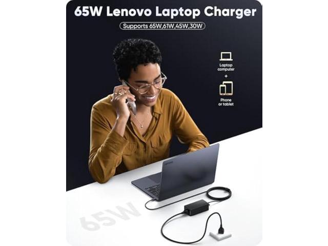 65W USB C Laptop Charger Type C Power Adapter Replacement for Lenovo Thinkpad/Yoga/Chromebook, ADLX65YDC2A Lenovo Laptop Charger Computer AC Power...