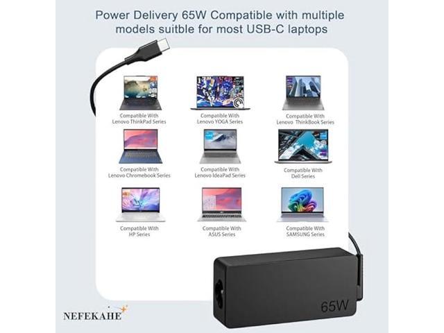 65W USB C Laptop Charger, Compatible with Lenovo ThinkPad X1 T14 T15 T480s T490 T580 T590 E480 E580 100e 300e Yoga 7i 9i C740 C940 Chromebook C330...