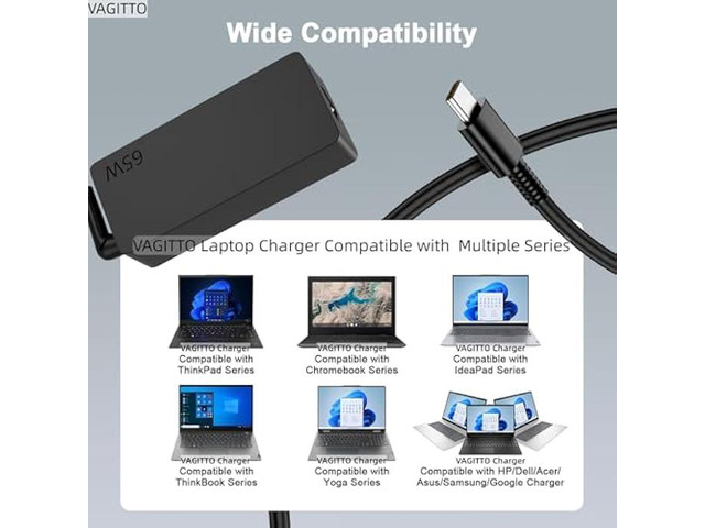 65W USB C Laptop Charger Compatible with Lenovo ThinkPad T14 T15 T16 T480 T490, X1 Yoga/Carbon, Chromebook C330 S330 100e 300e 500e, Yoga 7i 9i,...