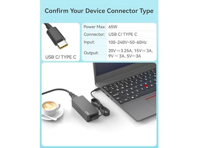 65W USB C Laptop Charger for Lenovo Thinkpad X1 T480 T480S T580 T580S ADLX65YDC2A ADLX65YLC2D ADLX65YDC3A ADLX65YDC2D Yoga C740 C930 C940...