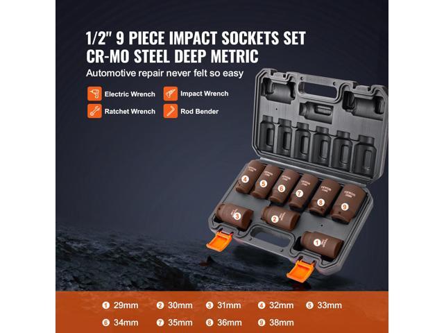 Impact Sockets Set 9pcs 6-Point 1/2in Metric Drive Bit Ratchet Tool Kit 29-38mm
