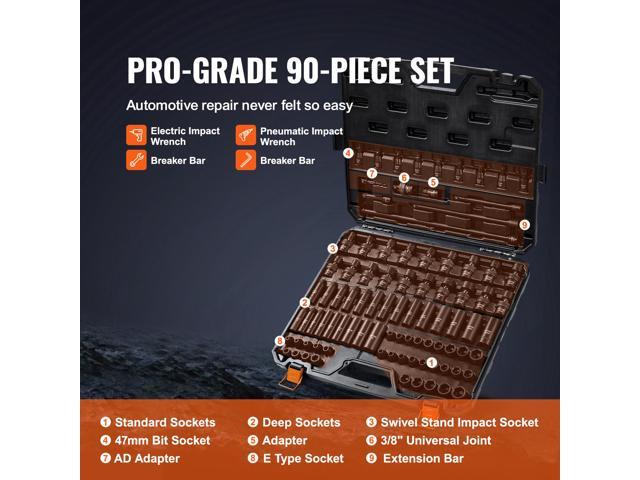 Impact Sockets Set 90pcs 6-Point 3/8in Drive Bit Ratchet Tool Kit Case