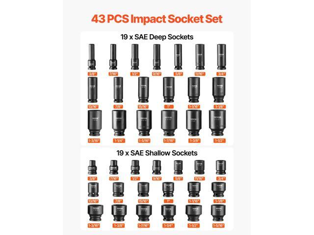 Impact Sockets Set 43pcs 6-Point 1/2in Drive Bit Ratchet Tool Kit Case