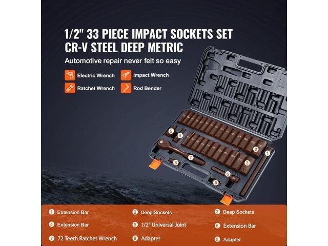 Impact Sockets Set 33pcs 6-Point 1/2in Drive Bit Ratchet Tool Kit Case
