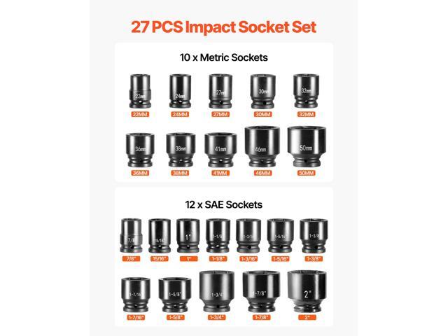 Impact Socket Set 3/4 Inches 27 Piece SAE 7/8 to 2 Inches and Metric 22 to 50 mm