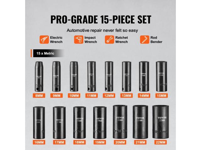 Impact Sockets Set 15pcs 6-Point 3/8in Drive Bit Ratchet Tool Kit Case