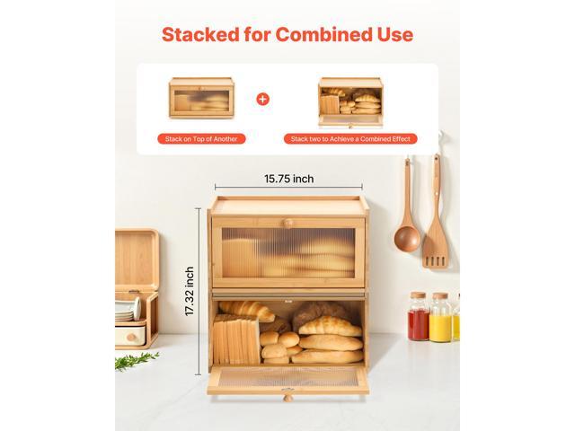 Bread Box for Kitchen Counter, Large Capacity Bamboo Bread Storage Container, Farmhouse Wooden Breadbox Organizer for Homemade Bread, Storage...