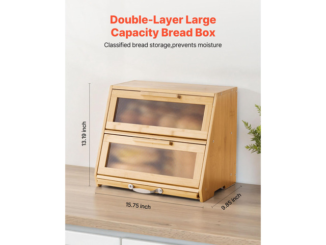Double Layer Bread Box for Kitchen Counter, Large Capacity Bamboo Bread Storage Container, Farmhouse Wooden Breadbox for Homemade Bread, Storage...