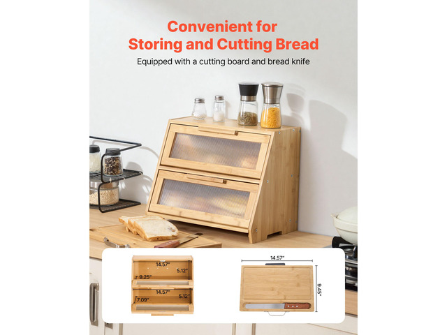 Double Layer Bread Box for Kitchen Counter, Large Capacity Bamboo Bread Storage Container, Farmhouse Wooden Breadbox for Homemade Bread, Storage...