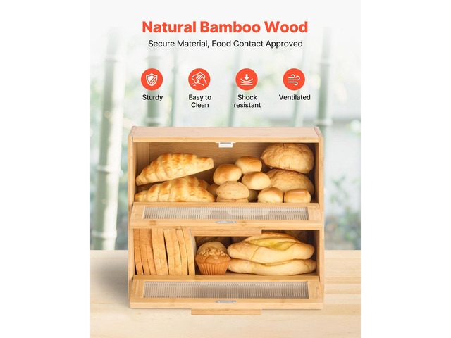 Double Layer Bread Box for Kitchen Counter, Large Capacity Bamboo Bread Storage Container, Farmhouse Wooden Breadbox for Homemade Bread, Storage...