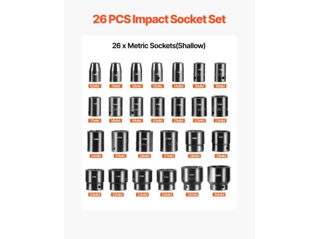 Impact Socket Set 1/2 Inches 26 Piece Impact Sockets, Shallow Socket, 6-Point Sockets, Rugged Construction, CR-V, 1/2 Inches Drive Socket Set...