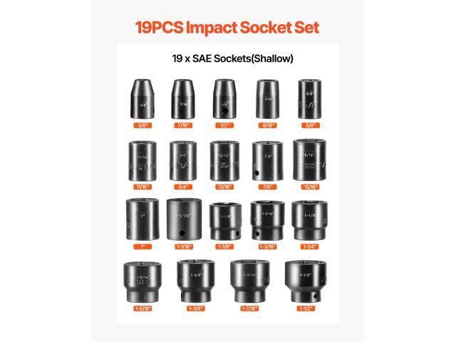 Impact Socket Set 1/2 Inches 19 Piece Impact Sockets, Standard Socket Assortment, 1/2 Inches Drive Socket Set Impact Standard SAE (3/8 Inches to...