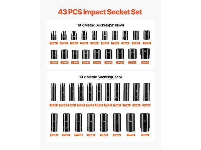 Impact Socket Set 1/2 Inches 43 Piece Impact Sockets, Standard Socket Assortment, 1/2 Inches Drive Socket Set 6-Point Sockets Metric 9-30mm...