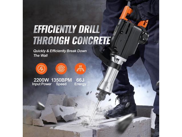 VEVOR Demolition Jack Hammer, 2200W Electric Jackhammer Heavy Duty, 1350 BPM Concrete Breaker, 2pcs Chisels Bit Chipping with Case, Black