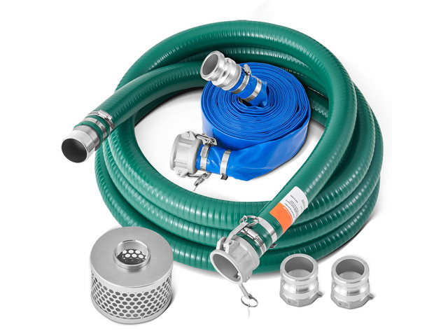 Suction Hose Kit for Water Pump, with 2 in x 50 ft Blue Backwash Hose, 20 ft Green Suction Hose, and Steel Round Hole Strainer, Camlocks, Clamps,...