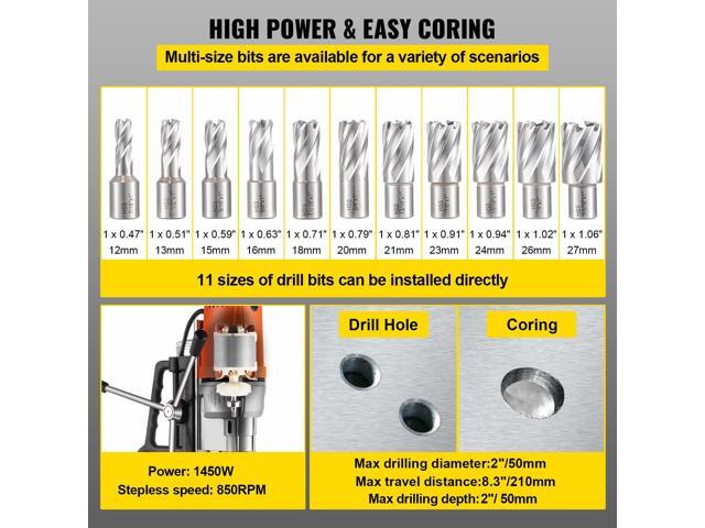 Magnetic Drill 1450W Magnetic Drill Press with 2Inch Boring Diameter Annular Cutter Machine 2900 LBS 11pcs HSS Annular Cutter Bits