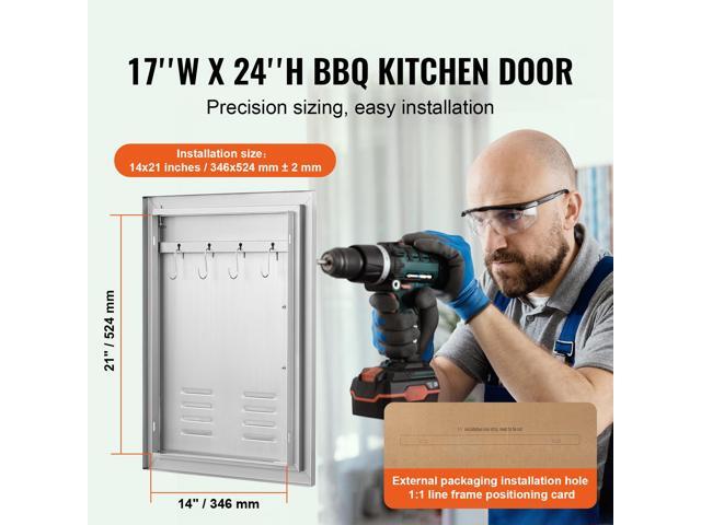 VEVOR BBQ Access Door, 17W x 24H Inch Single Outdoor Kitchen Door, Stainless Steel Flush Mount Door, Wall Vertical Door with Handle, Vents and...