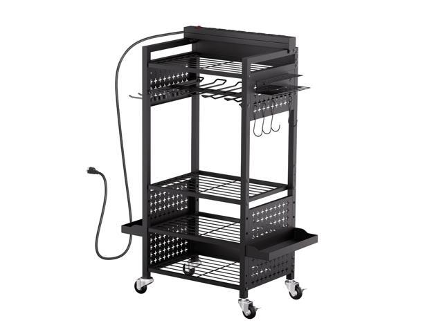 5-tier Tool Organizer Cart with Charging Station, 8 AC Outlet, Floor Stand Rolling Drill Holder and Tool Battery Storage Rack on Wheels, Garage...