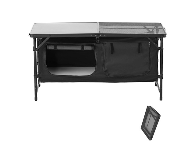 Camping Kitchen Table, Folding Outdoor Cooking Table, 3 Adjustable Heights, Aluminum Lightweight Portable Cook Station with Storage Organizer,...
