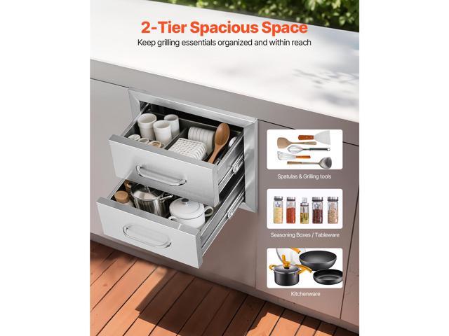 Outdoor Kitchen Drawers 14W x 14.3H x 23D Inch, Flush Mount Double BBQ Drawers Stainless Steel with Handle, BBQ Island Drawers for Outdoor Kitchens...