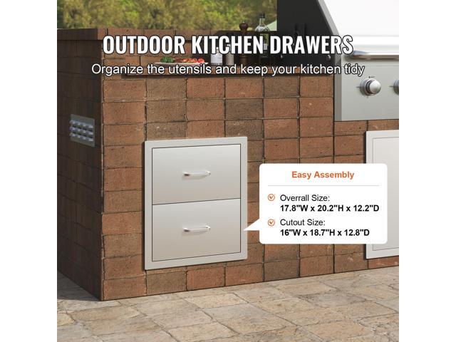 Outdoor Kitchen Drawers 18W x 20.6H x 12.7D Inch, Flush Mount Double BBQ Drawers Stainless Steel with Handle, BBQ Island Drawers for Outdoor...