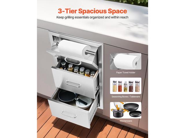 17W x 30H x 21D Inch Outdoor Kitchen Stainless Steel Double Access Drawers with Paper Towel Holder Combo for BBQ Island or Grill Station