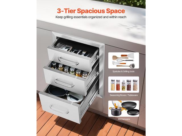 Outdoor Kitchen Drawers 14/' W x 20.3/' H x 23/' D, Flush Mount Triple Access BBQ Drawers Stainless Steel with Handle, BBQ Island Drawers for...