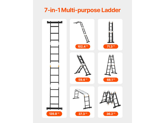 Multi-Purpose Folding Ladder, 7-in-1 Tall Extension Step Ladder, A Frame 3 Step with Scaffolding Plank Telescoping Ladder, 12ft Reach Height Heavy...