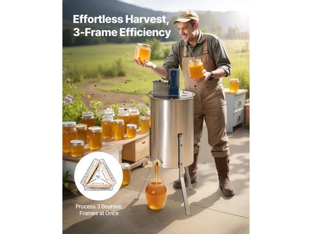 VEVOR Electric Honey Extractor, 3 Frame Honey Spinner with Transparent Lid, 140W Stainless Steel Honeycomb Drum Spinner, Height Adjustable,...