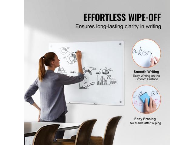 Magnetic Glass Whiteboard, Dry Erase Board 36'x24', Wall-Mounted Large White Glassboard Frameless, with Marker Tray, an Eraser and 2 Markers, White