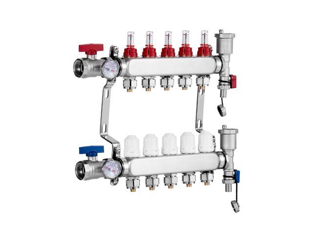 5-Branch Radiant Heat Manifold, 1/2' PEX Tubing Manifold, Stainless Steel PEX Manifold for Hydronic Radiant Floor Heating, Radiant Heat PEX...