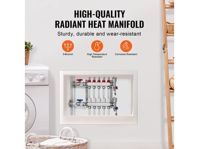 5-Branch Radiant Heat Manifold, 1/2' PEX Tubing Manifold, Stainless Steel PEX Manifold for Hydronic Radiant Floor Heating, Radiant Heat PEX...