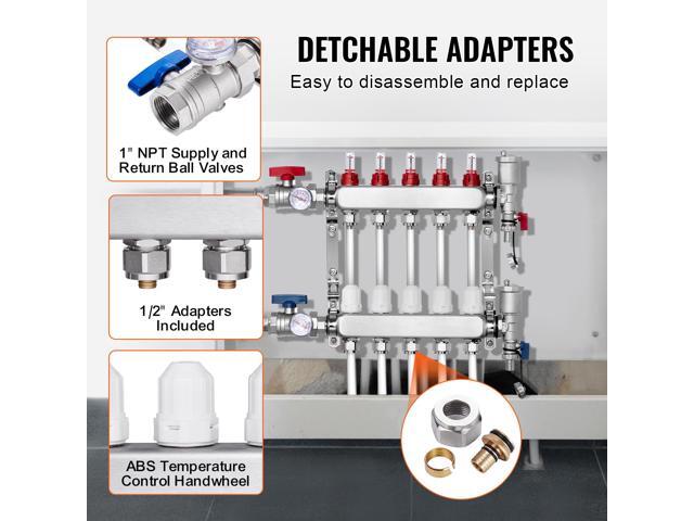 5-Branch Radiant Heat Manifold, 1/2' PEX Tubing Manifold, Stainless Steel PEX Manifold for Hydronic Radiant Floor Heating, Radiant Heat PEX...