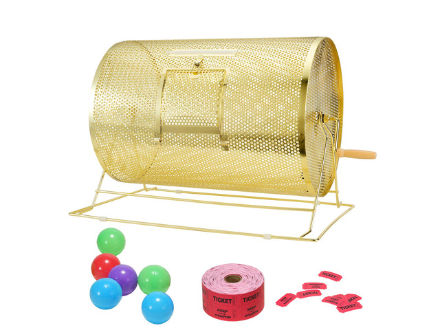 Raffle Drum,Holds 10000 Tickets or 300 Ping Pong Balls, Metal Lottery Spinning Drawing with Wooden Turning Handle, 14.8 x Ø21.26 inch Brass Plated...