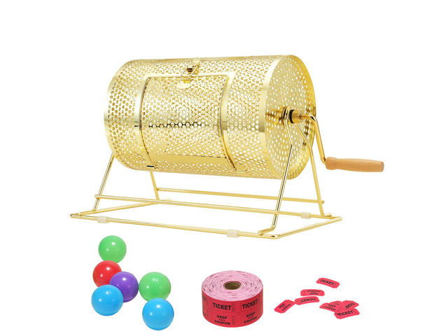 Raffle Drum,Holds 2500 Tickets or 100 Ping Pong Balls, Metal Lottery Spinning Drawing with Wooden Turning Handle,11.6 x Ø7.48 inch Brass Plated...