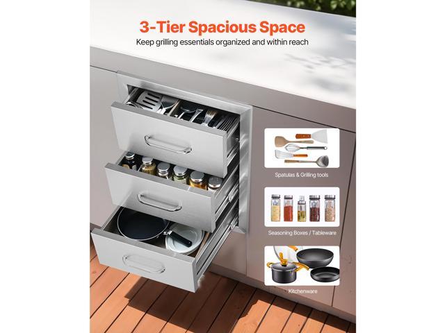 Outdoor Kitchen Drawers 16/' W x 21.5/' H x 18/' D, Flush Mount Triple Access BBQ Drawers with Stainless Steel Handle, BBQ Island Drawers for...