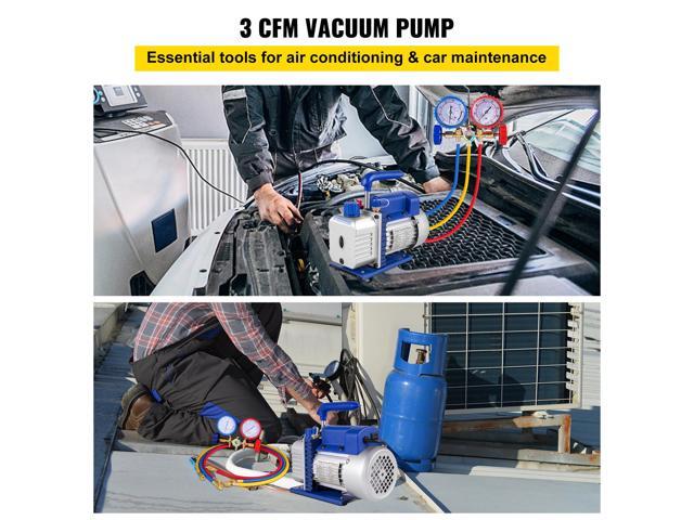 3CFM 1/4HP Single Stage Air Vacuum Pump HVAC R134a R12 R22 R410a A/C Refrigeration Kit AC Manifold Gauge R134 Can Tap Included Carrying Tote