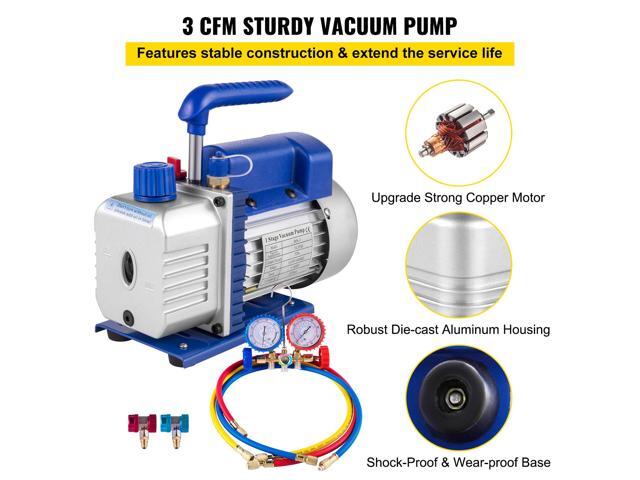 3CFM 1/4HP Single Stage Air Vacuum Pump HVAC R134a R12 R22 R410a A/C Refrigeration Kit AC Manifold Gauge R134 Can Tap Included Carrying Tote