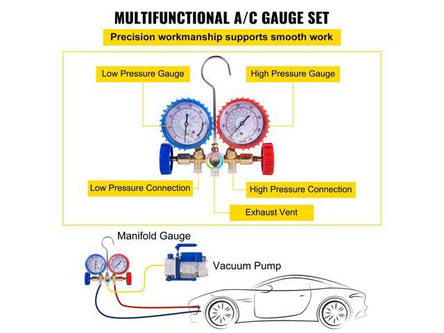 3CFM 1/4HP Single Stage Air Vacuum Pump HVAC R134a R12 R22 R410a A/C Refrigeration Kit AC Manifold Gauge R134 Can Tap Included Carrying Tote