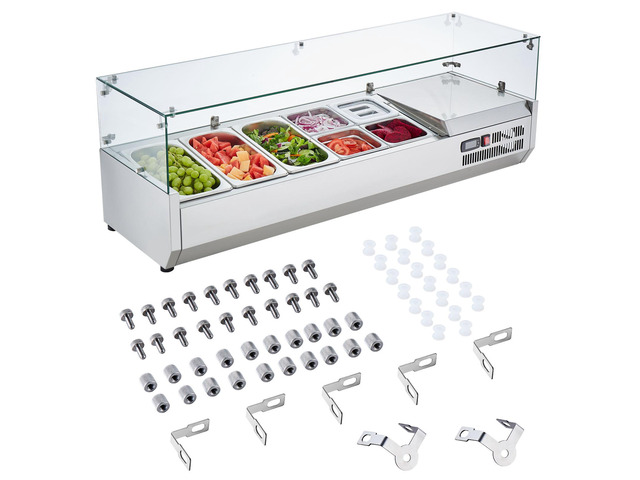 Refrigerated Condiment Prep Station, 140 W Countertop Refrigerated Condiment Station, with 3 1/3 Pans & 4 1/6 Pans, 304 Stainless Body and PC Lid,...