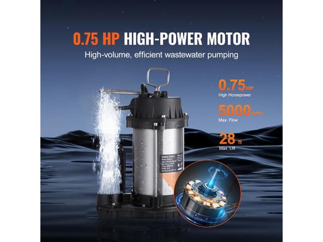 Submersible Sewage Pump, 0.75HP 5000 GPH, Cast Iron Sewage Water Pump with 28 ft Lift 10 ft Power Cord and Automatic Float Switch, Stainless Steel...