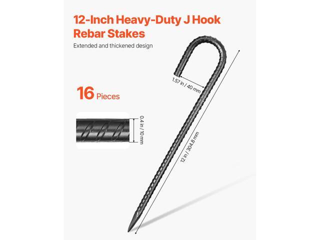 Rebar Stakes, 12-Inch, Heavy-Duty 0.4 in Diameter J Hook, Galvanized Steel Ground Anchors with Chisel Point End & Rust-Resistant Coating, for...
